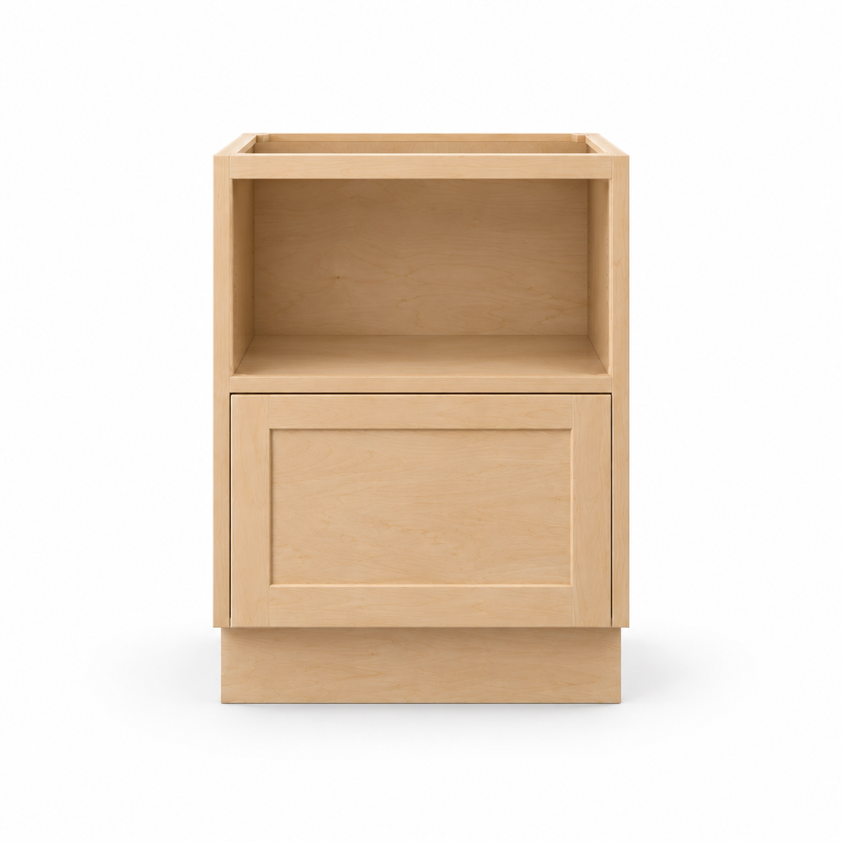 Microwave base cabinet with open microwave space and drawer, natural maple