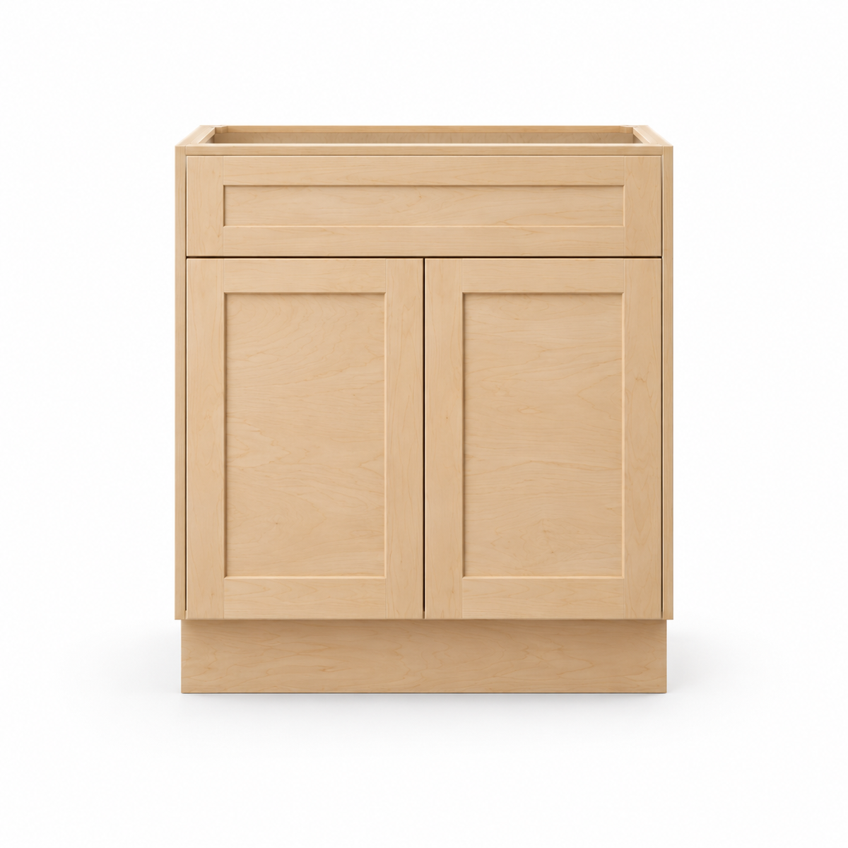 Sink base cabinet with two shaker doors and a false drawer front, natural maple