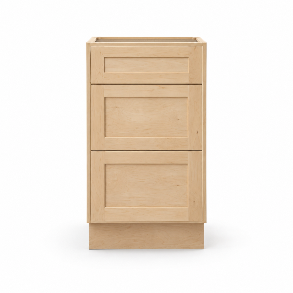 Three drawer base cabinet, natural maple, front view