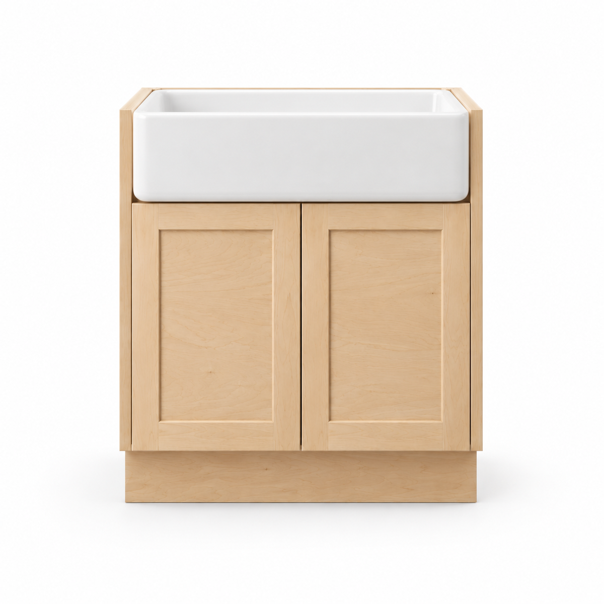 Farmhouse sink base cabinet with apron front sink, natural maple
