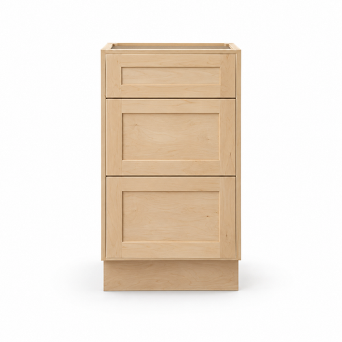 Three drawer base cabinet, natural maple, front view