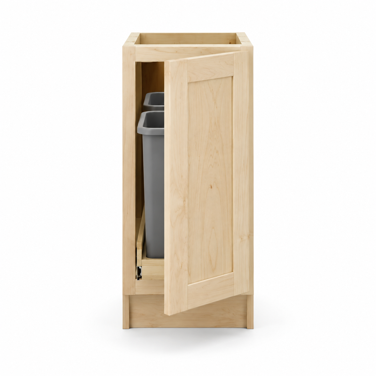 Trash pullout base cabinet with two bins, natural maple